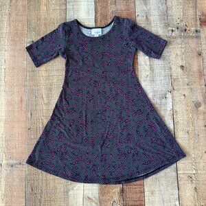Lularoe Girls Mae Dress Size 6 Black/Pink Geometric Print Polyester/Spandex
